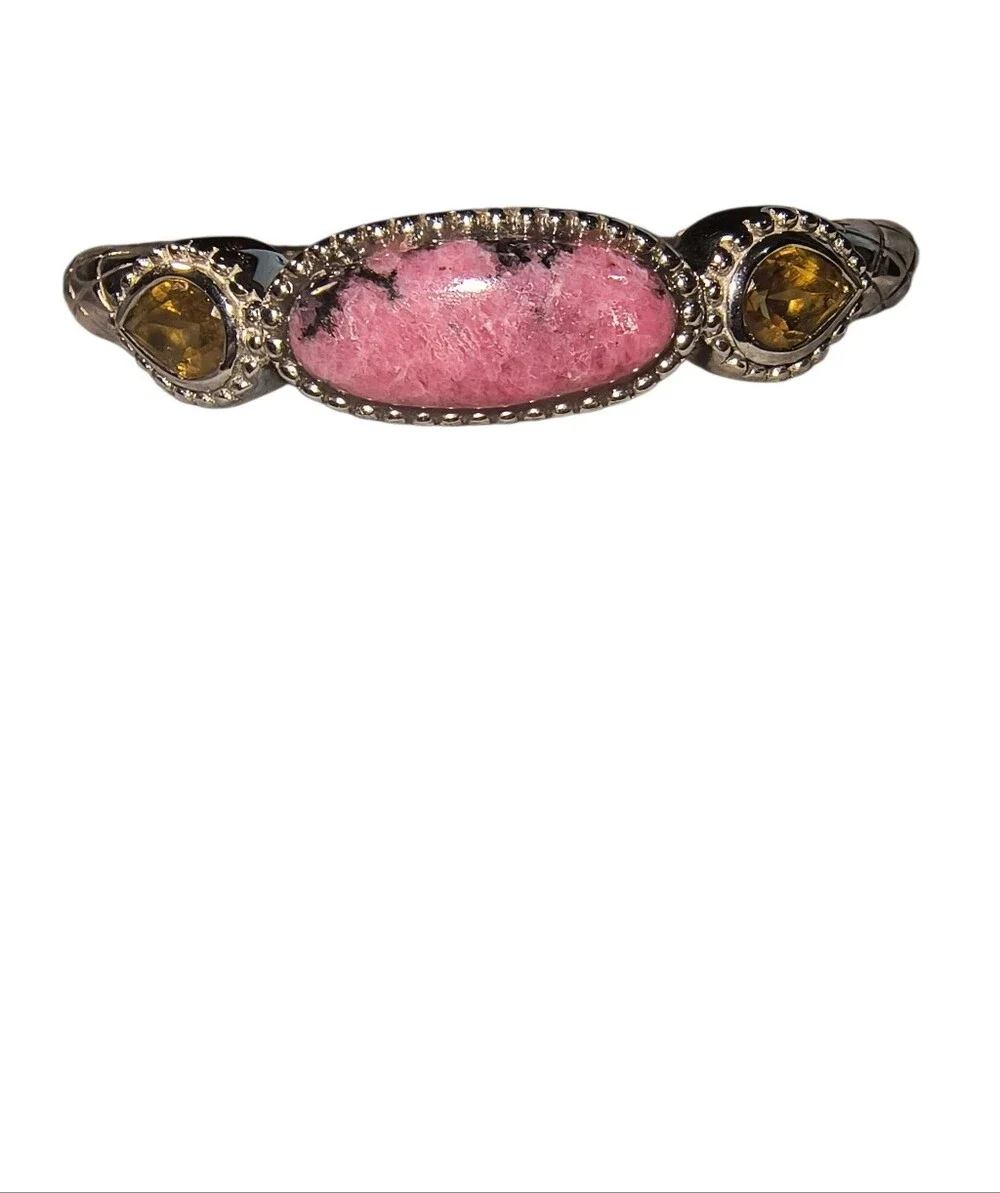 Sterling Silver, Rhodonite and Yellow Citrine Gemstone Cuff Bracelet Brand New